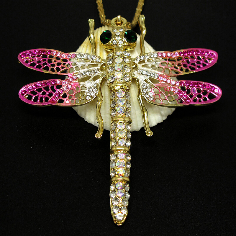 New Enamel Pink Crystal Dragonfly Fashion Women Sweater Long Chain Necklace
