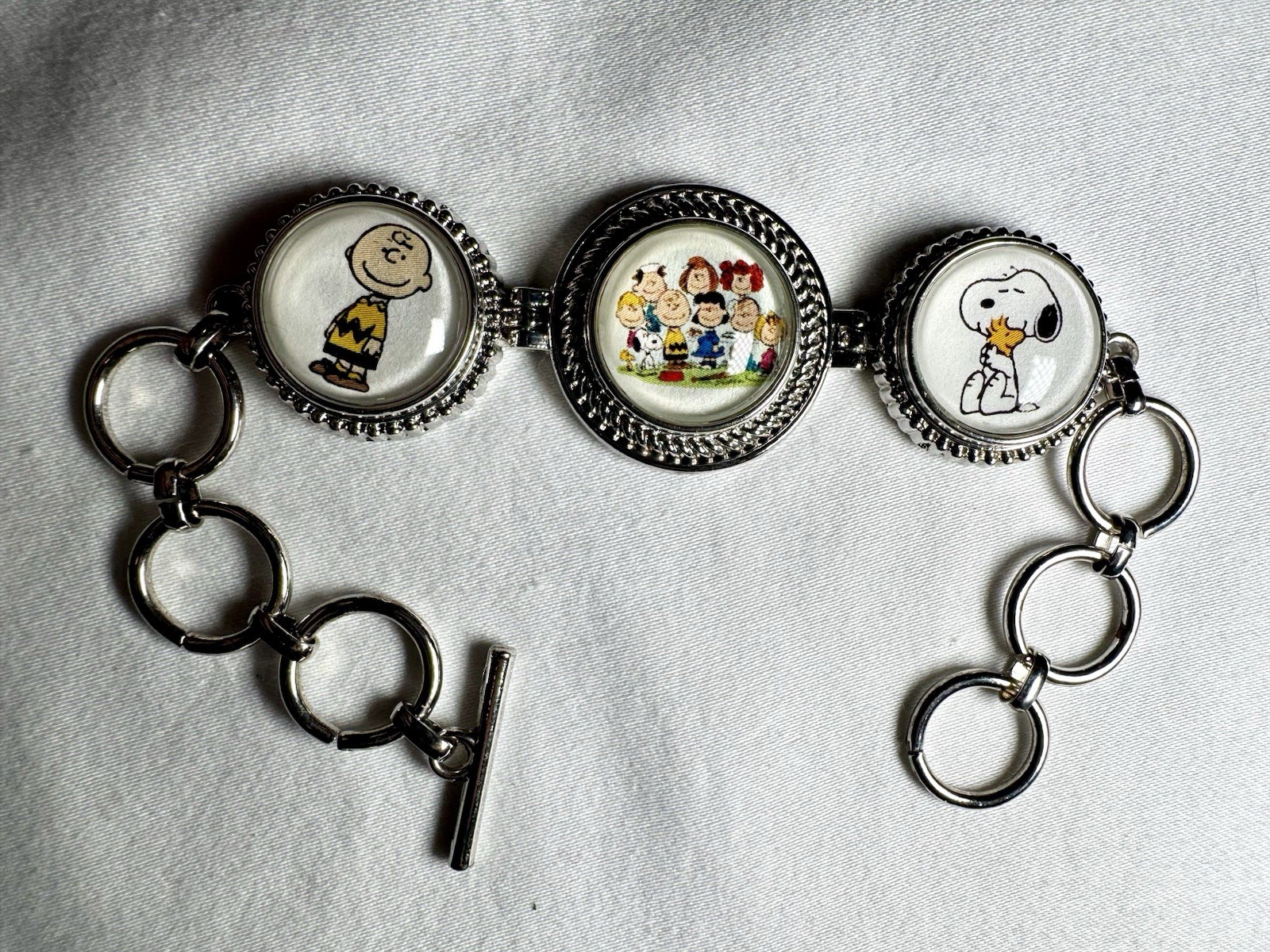Peanuts Gang Snoopy Woodstock Charlie Brown Lucy Peppermint Silver Tone Bracelet