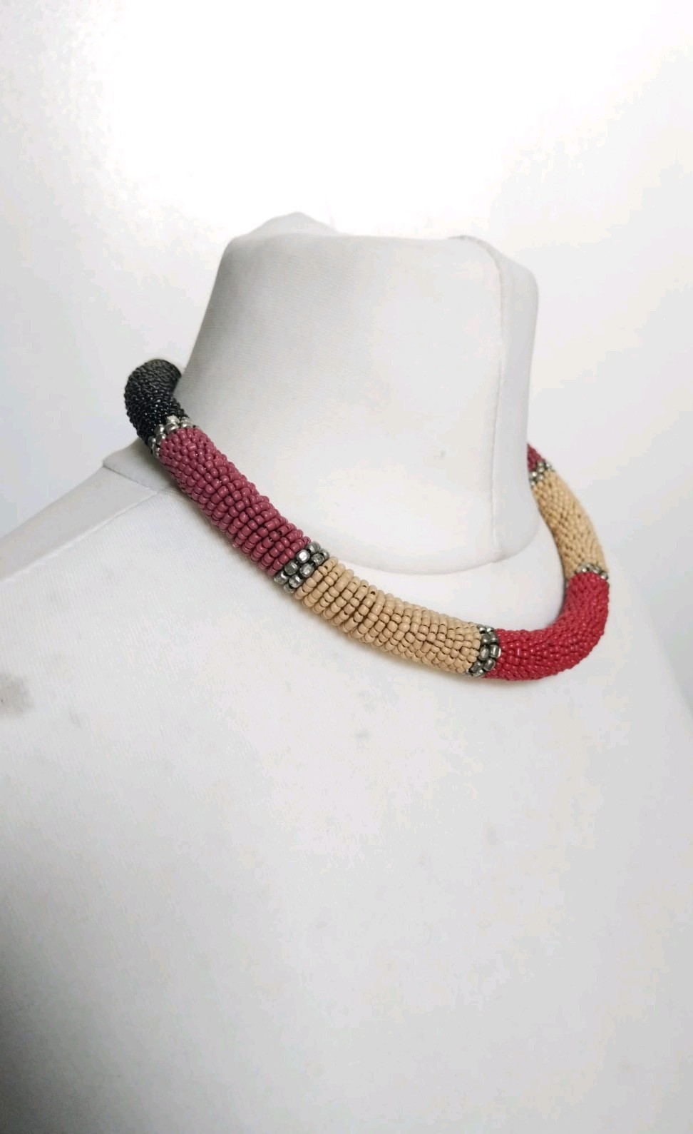 Pink Beige Black Silver Tone Beaded Thick Spring Tube Boho Necklace