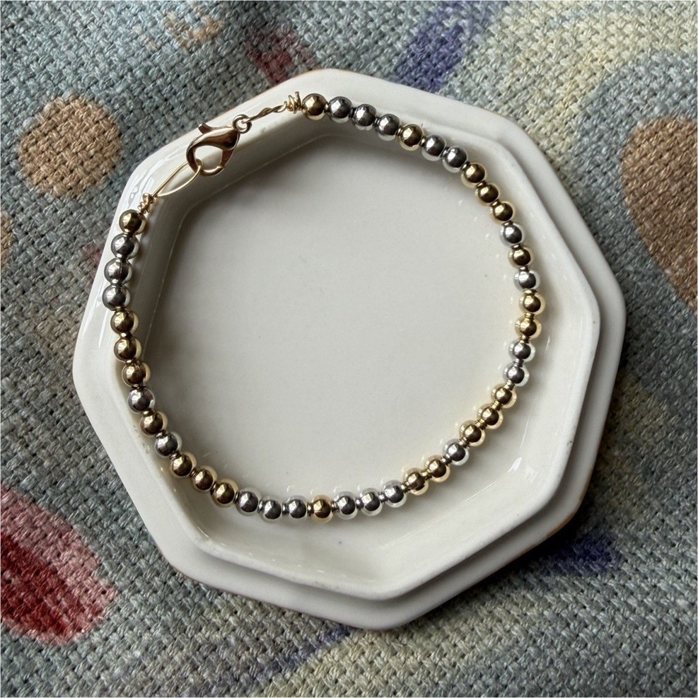Handmade Silver/Gold Mixed-Metal Beaded Ball Chain Bracelet with Lobster Clasp