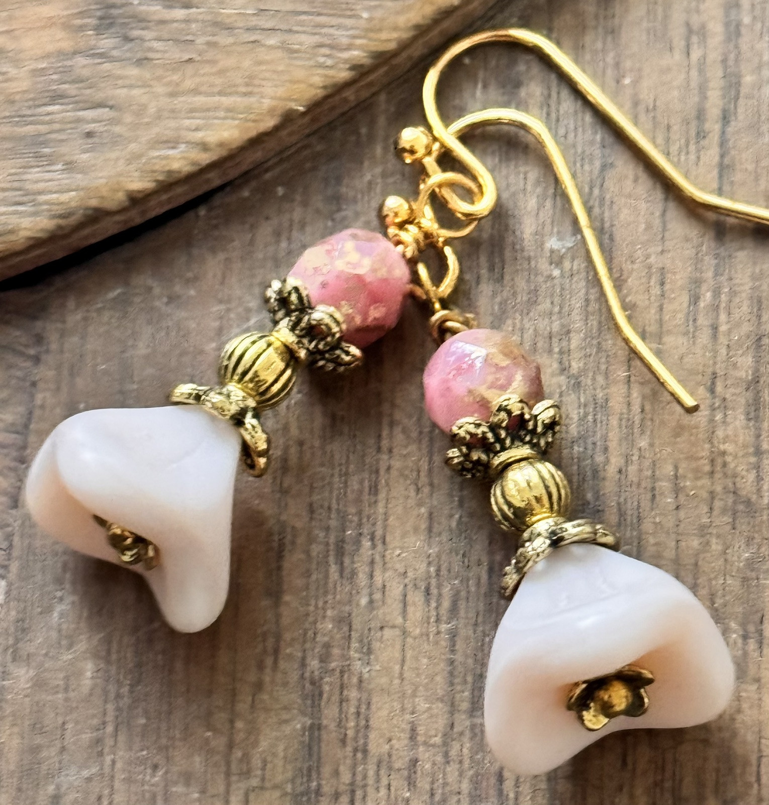 Romantic Pale Pink Bell Flower & Gold Luster Crystal Earrings. Love. Bloom