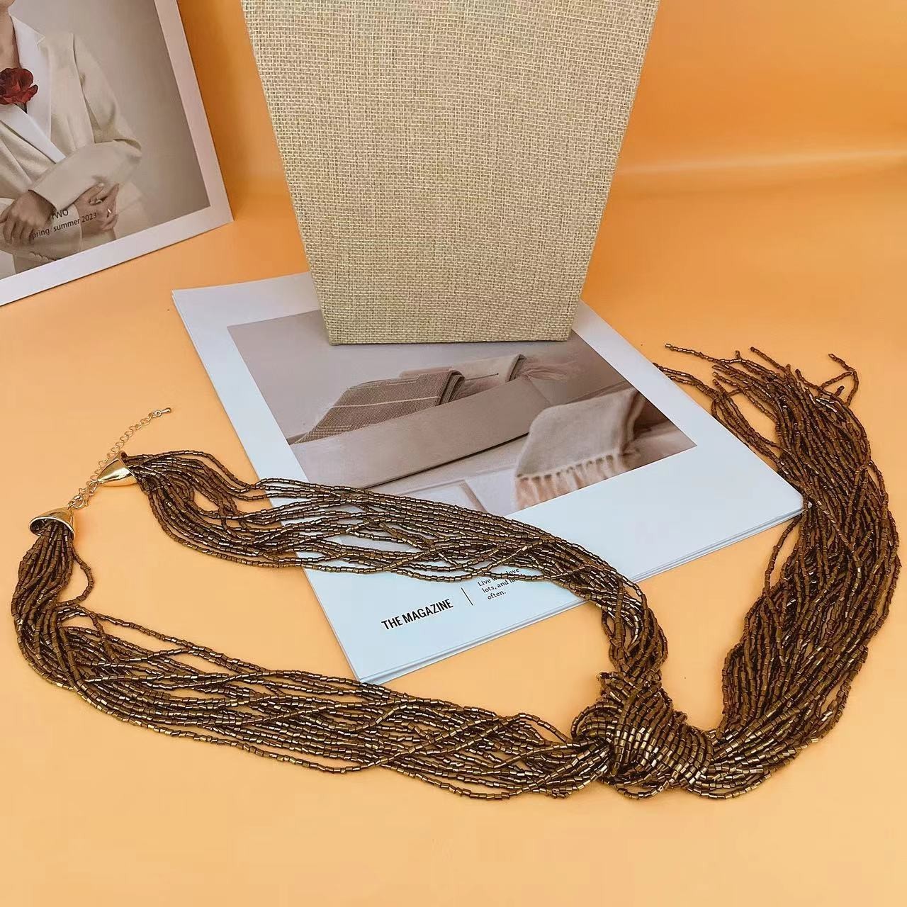 Boho Multi Layer Rice Bead Nacklace Chic Ethnic Style Rope Sweater Chain Jewelry