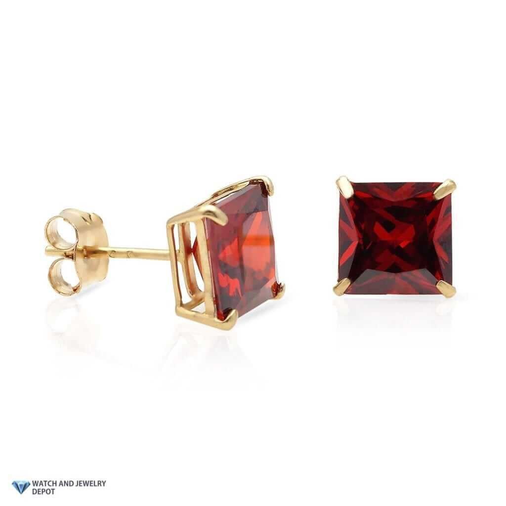 14K Yellow Gold 2Ct Princess January Birthstone Created Garnet Stud Earrings