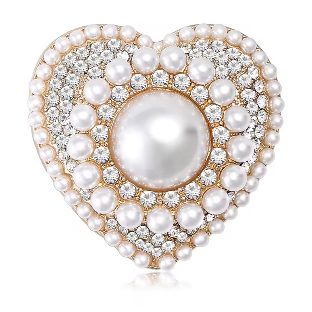 Mother’s Day White Heart Brooch Sparkling Crystal Pearl Love Pin Jewelry Gift