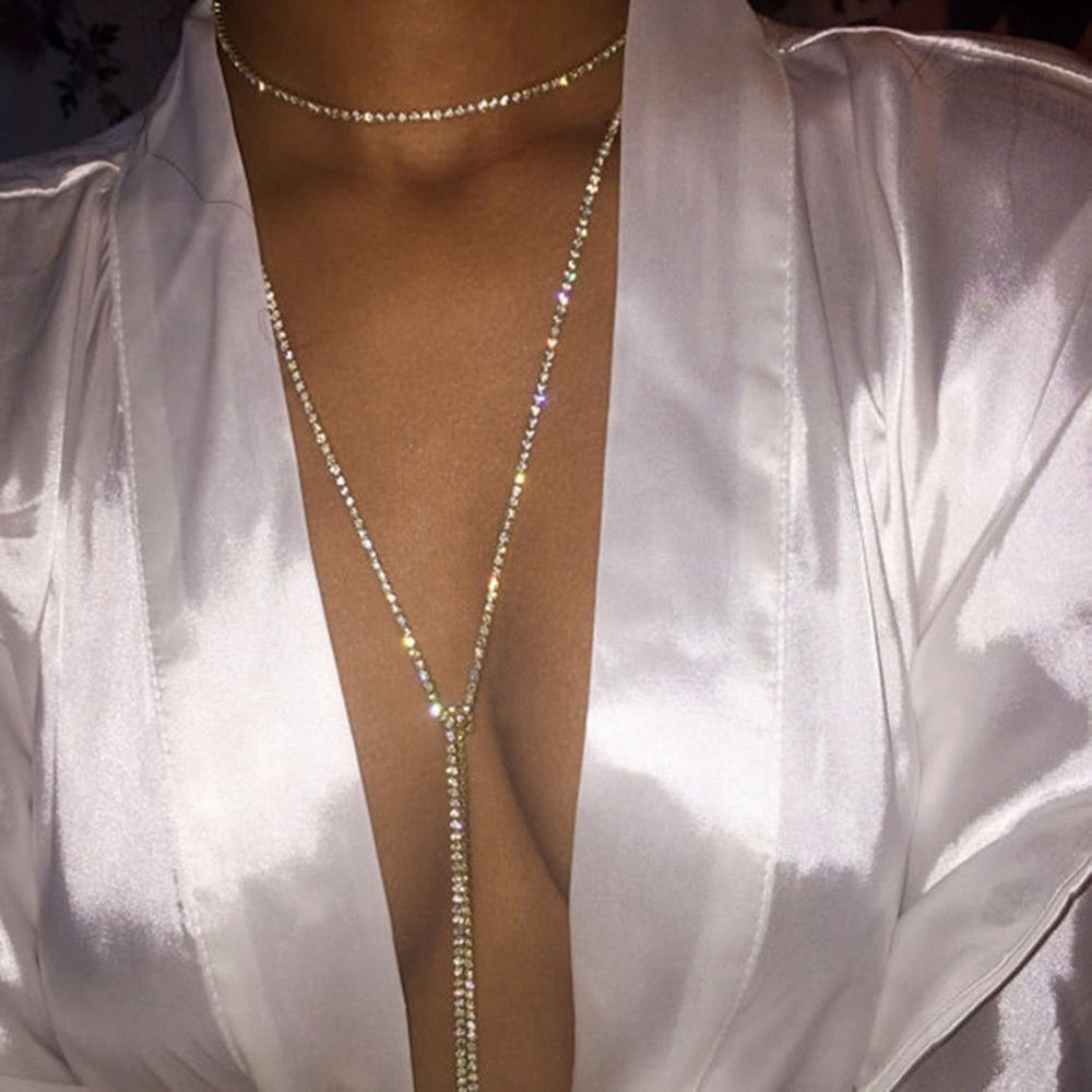 Rhinestone Necklace Lariat Chain Wrap Around Convertible Bling Silver 50in Long