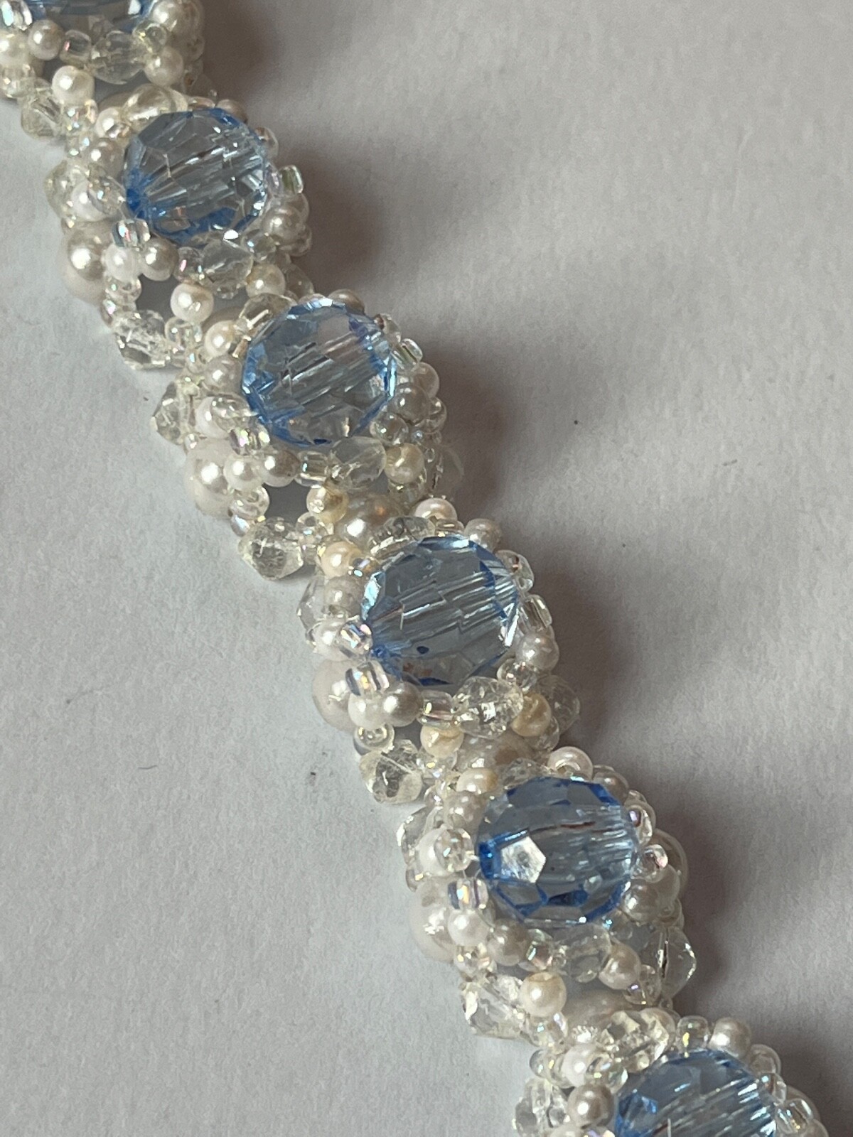 Handmade Faux White Pearl & Light Blue Faceted Beaded Bracelet – 6.5 inches long