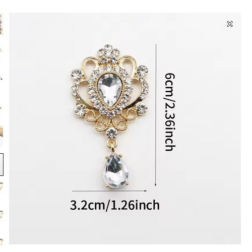 Crystal Drop Brooch Gold Tone Rhinestone 6×3.2cm (2.36×1.26in) New