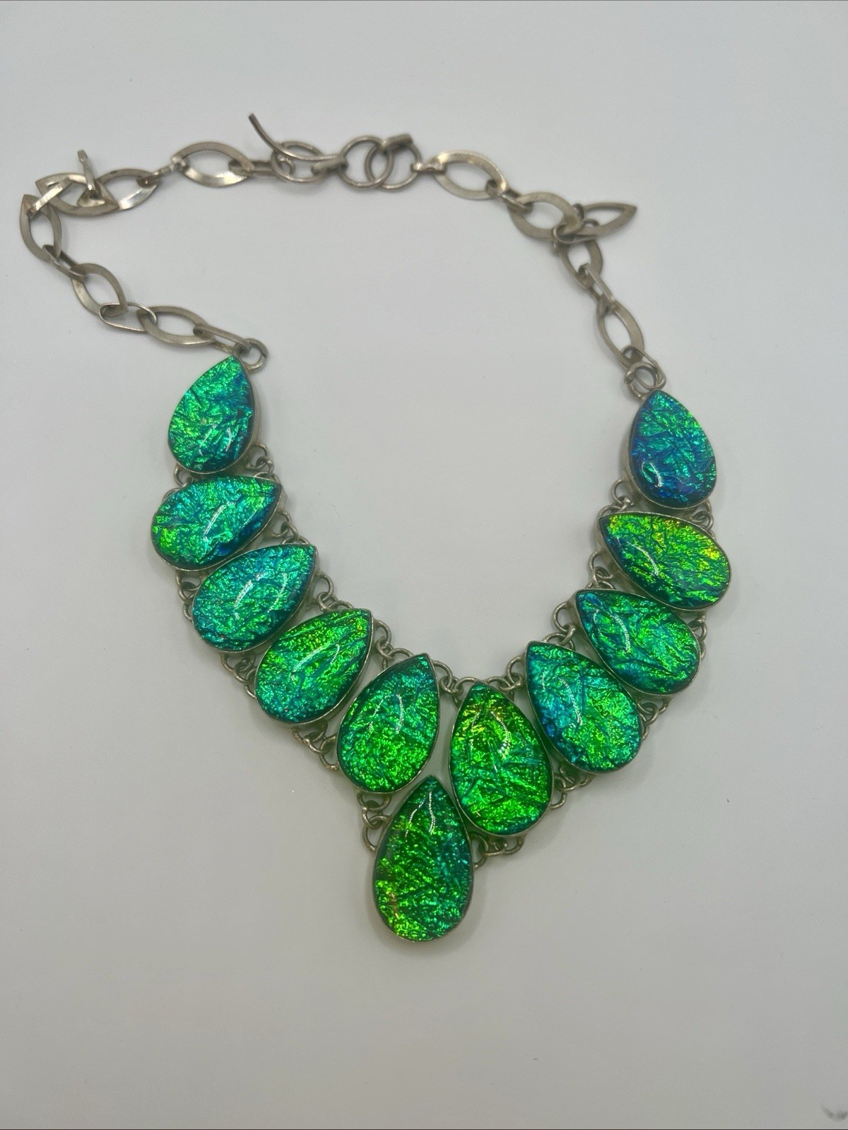 Statement Acrylic Blue And Green Mystical Bib Necklace Unmarked, Handmade 9.25 S
