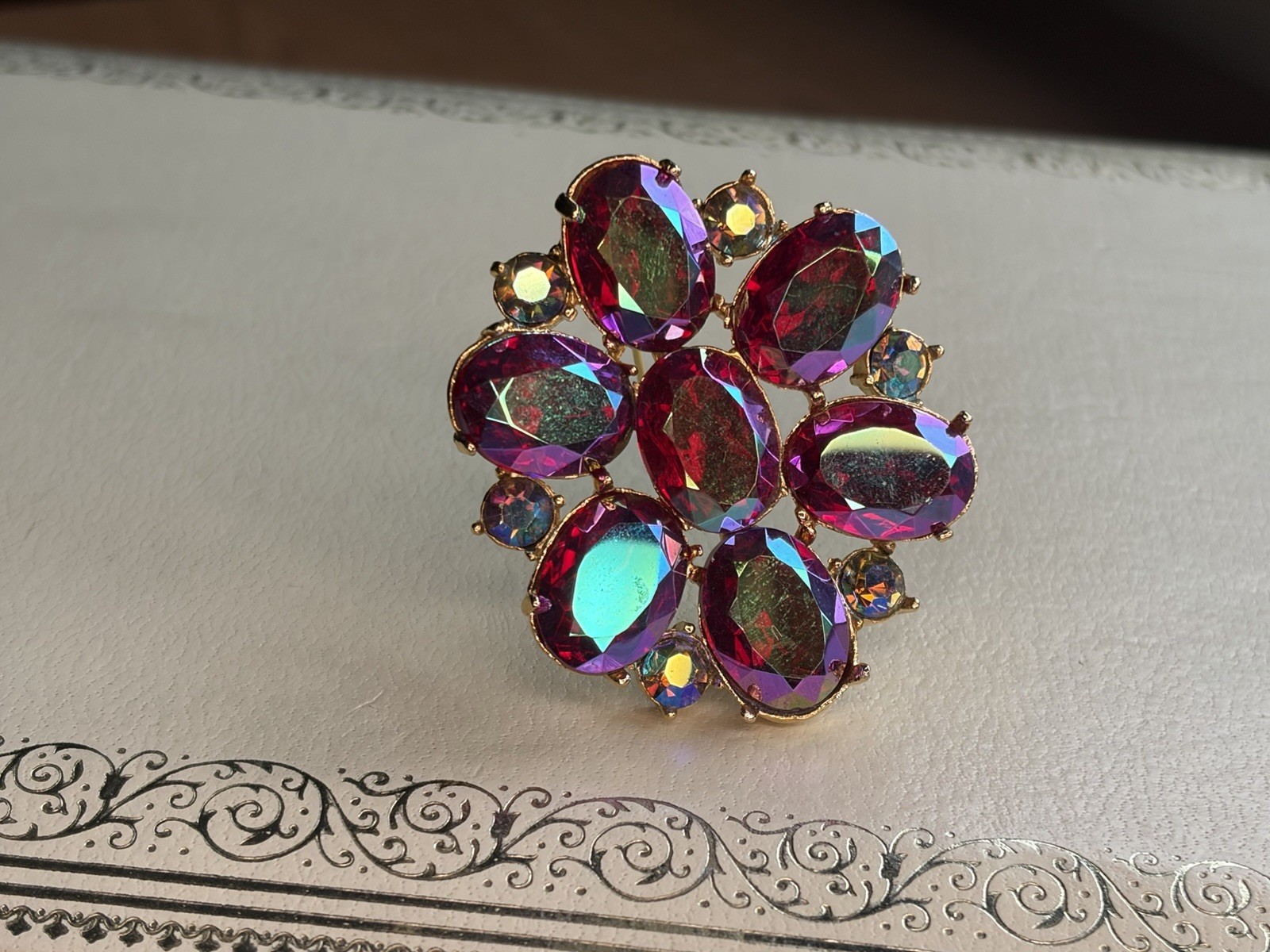 Vintage Gold Tone Red AB Oval Rhinestone Flower Brooch Pin Beauty Theme