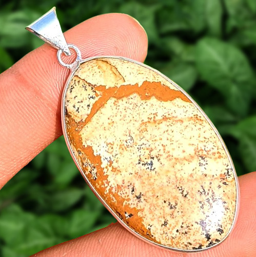 40*20.4mm Picture Jasper Gemstone 1PC Pendant 925 Sterling Silver Plated Jewelry