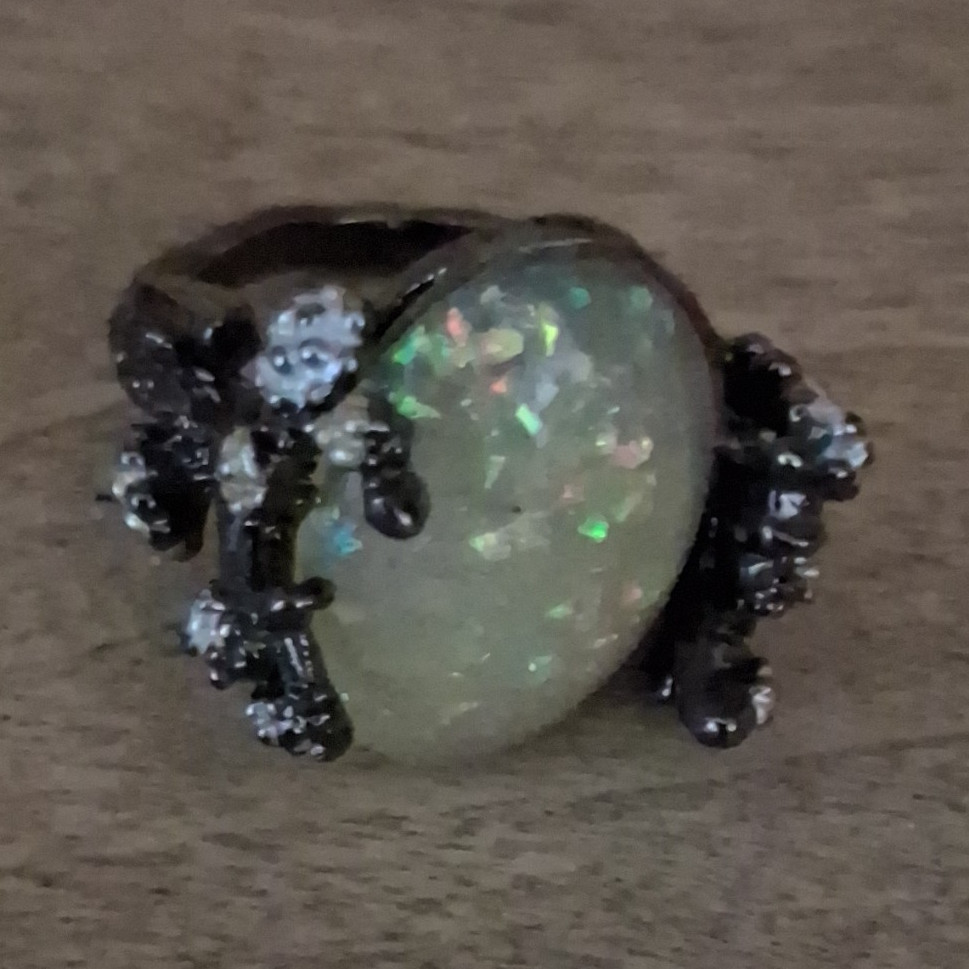 Cocktail Ring Size 7 Oval White/Multicolor Opal w/ Crystal Accents Silver