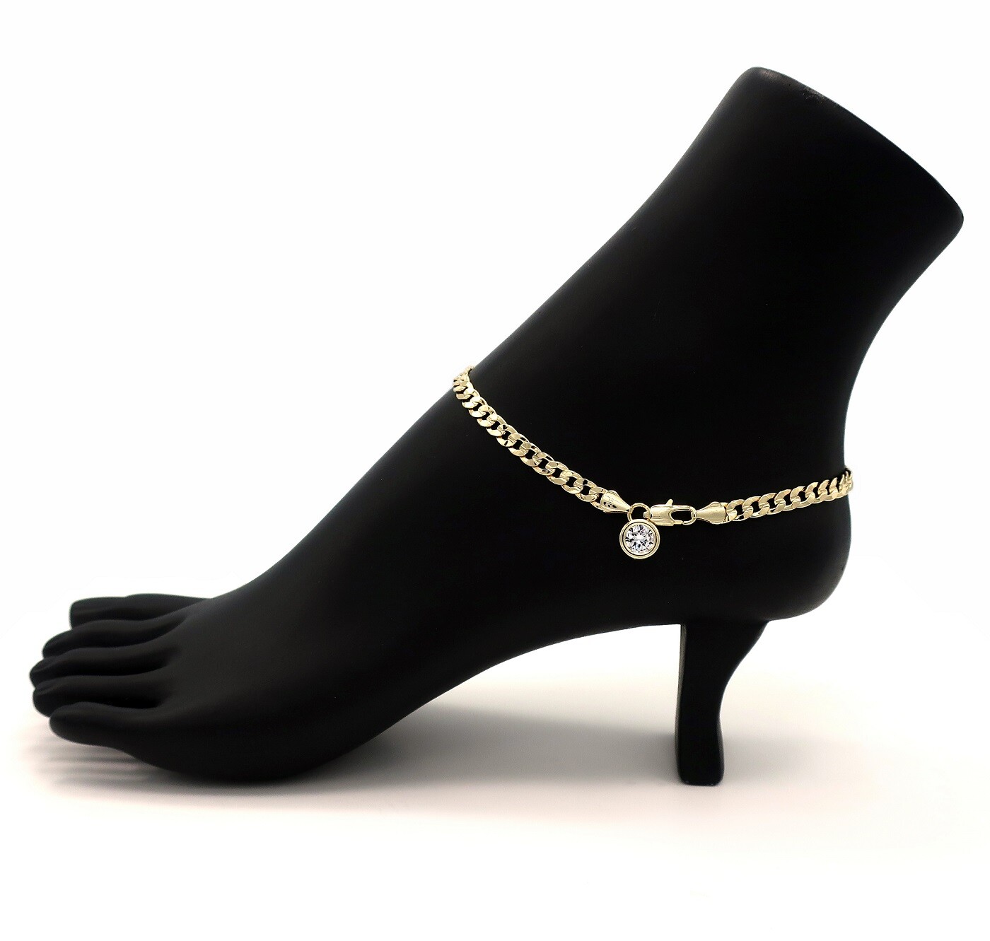 10″ CONCAVE CUBAN LINK CHAIN 5mm ANKLET CUBIC ZIRCONIA BRACELET 14K GOLD PLATED