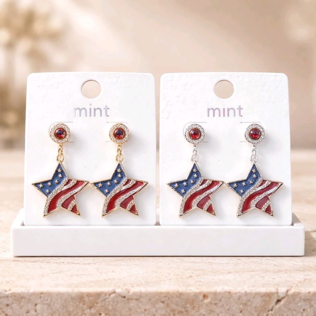 Mint Patriotic USA Flag Star Earrings Crystal Red White Blue Enamel Dangle Gift