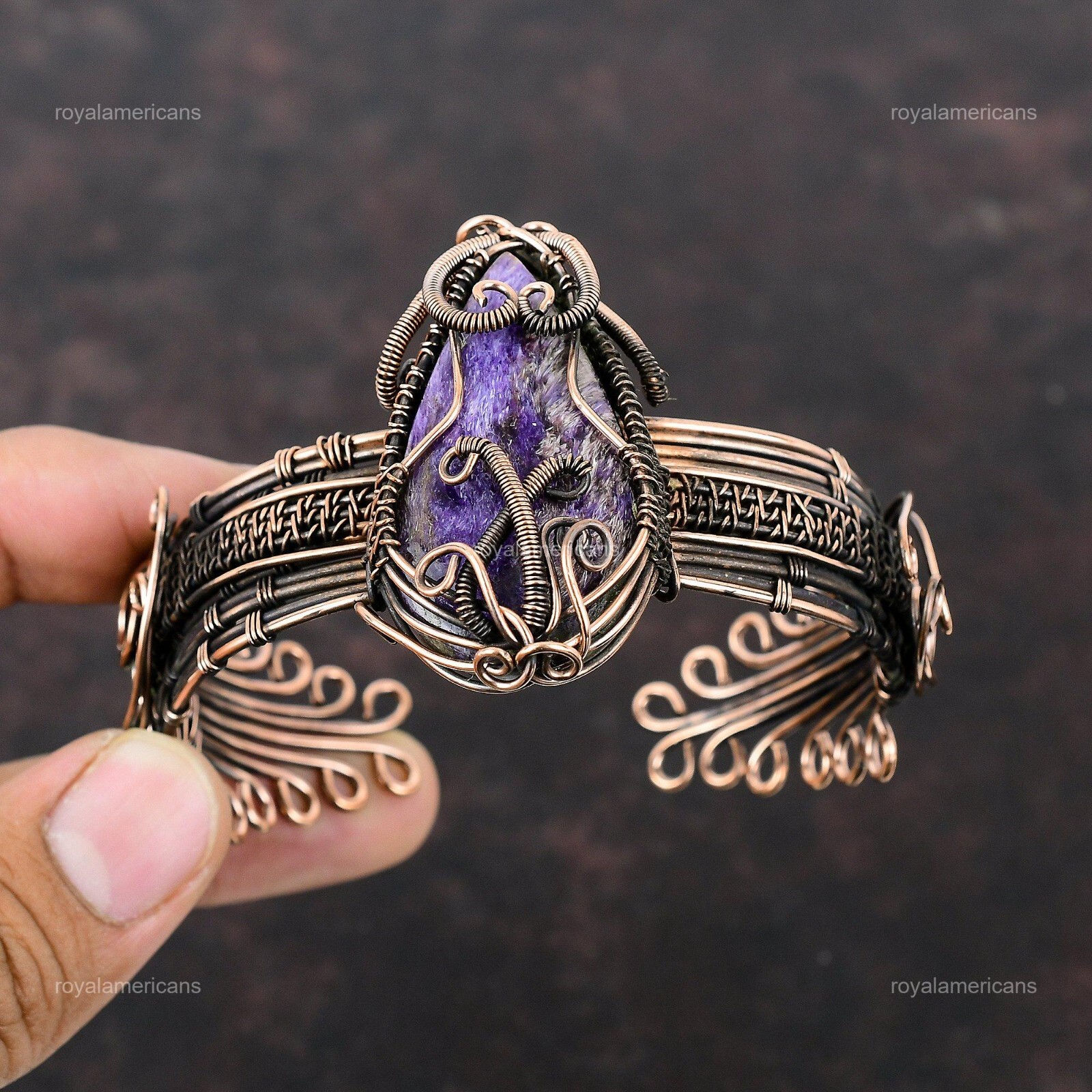 Womens day Sale Copper Russian Charoite Gemstone Christmas Wire Wrapping Bangle