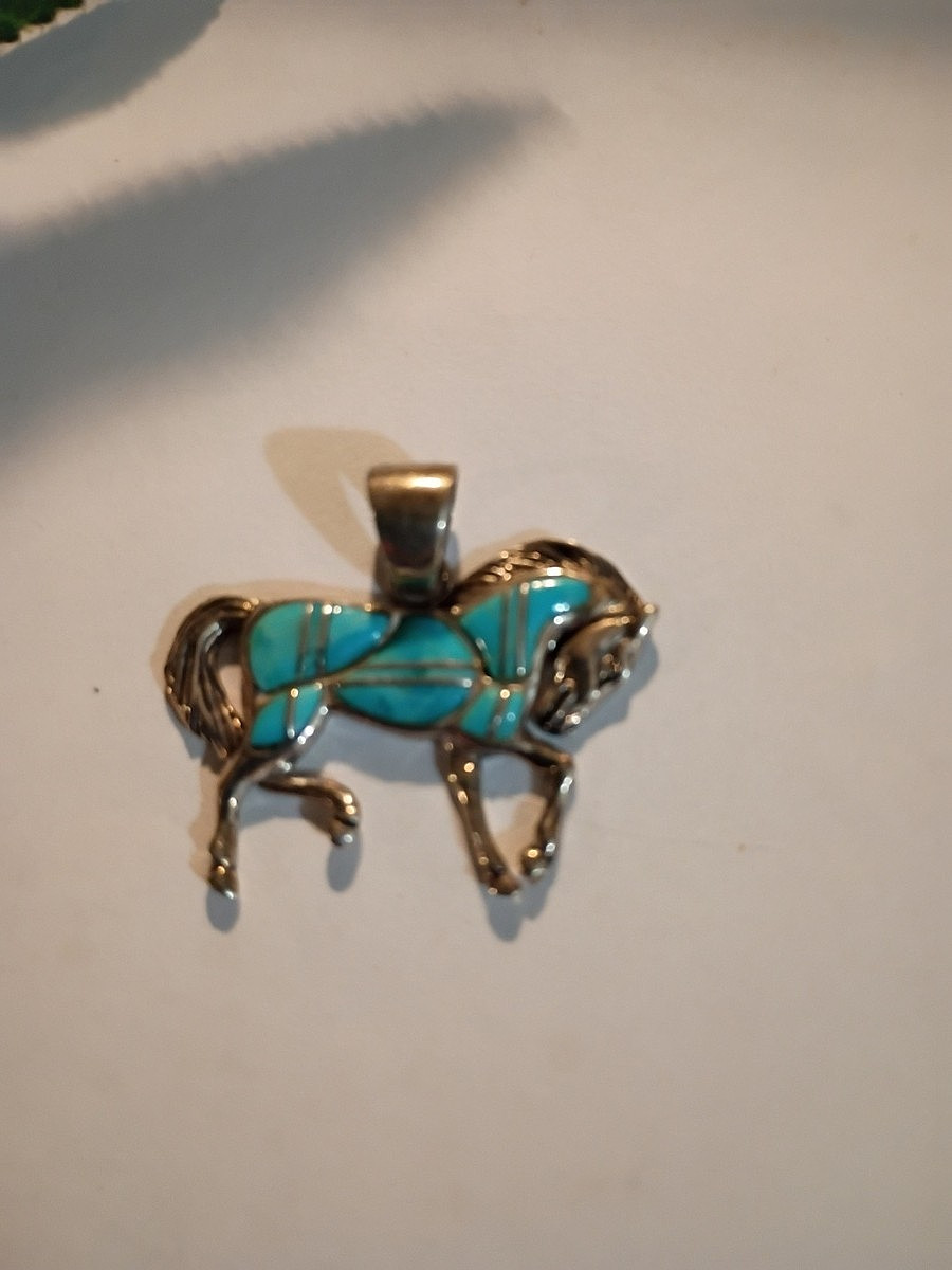 Vintage Mexican 925 Sterling Silver Turquoise Inlay Horse Pendant & Earrings Set