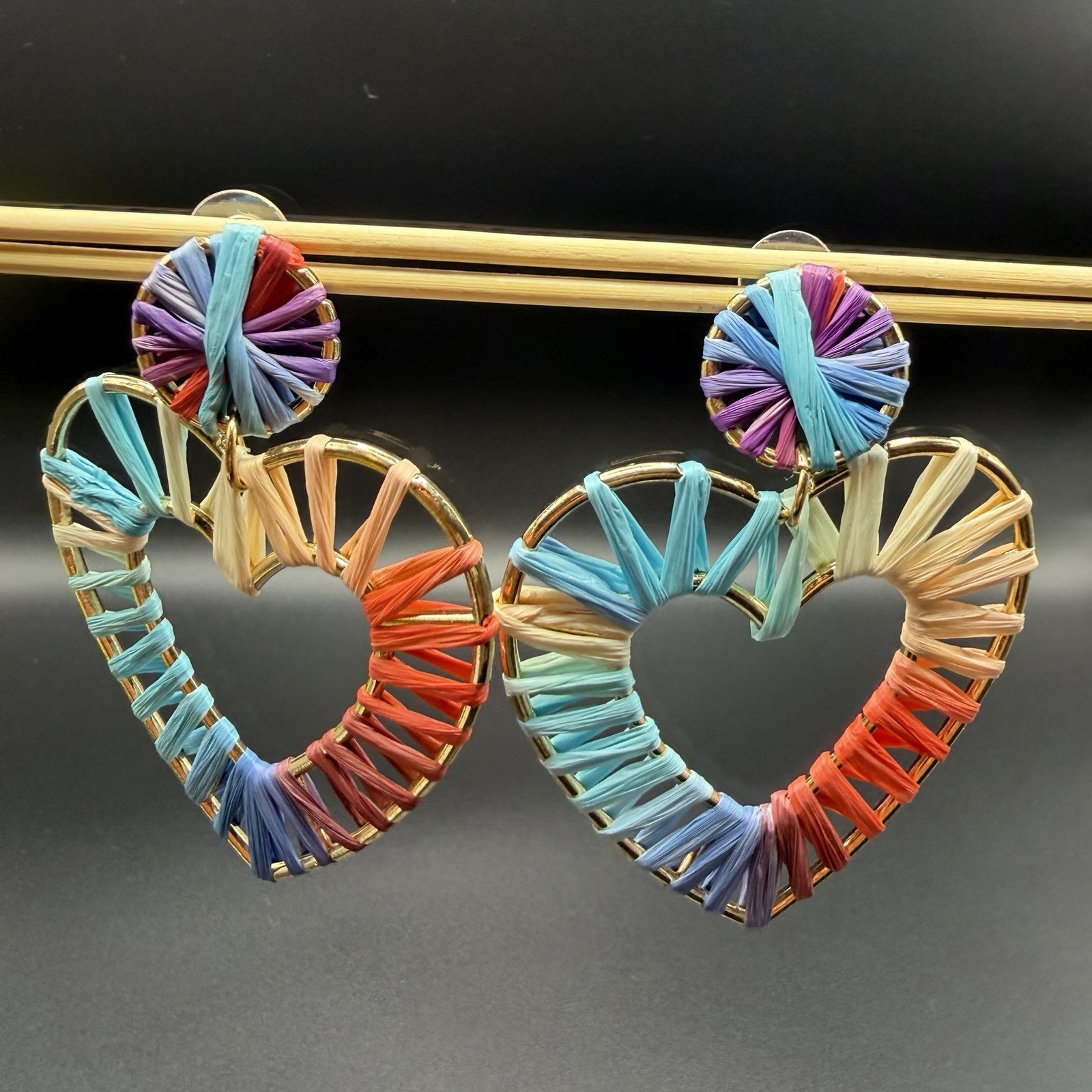 Boho Multicolor Raffia Woven Heart Drop Earrings Summer Rainbow Straw Statement