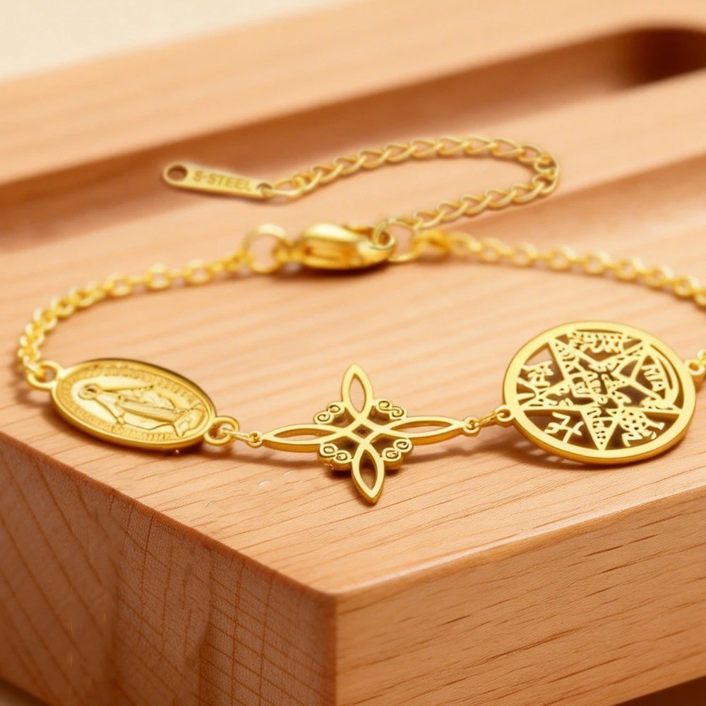 Stainless Steel Triple Protection Bracelet Witch Knot Pentagram Figaro Chain