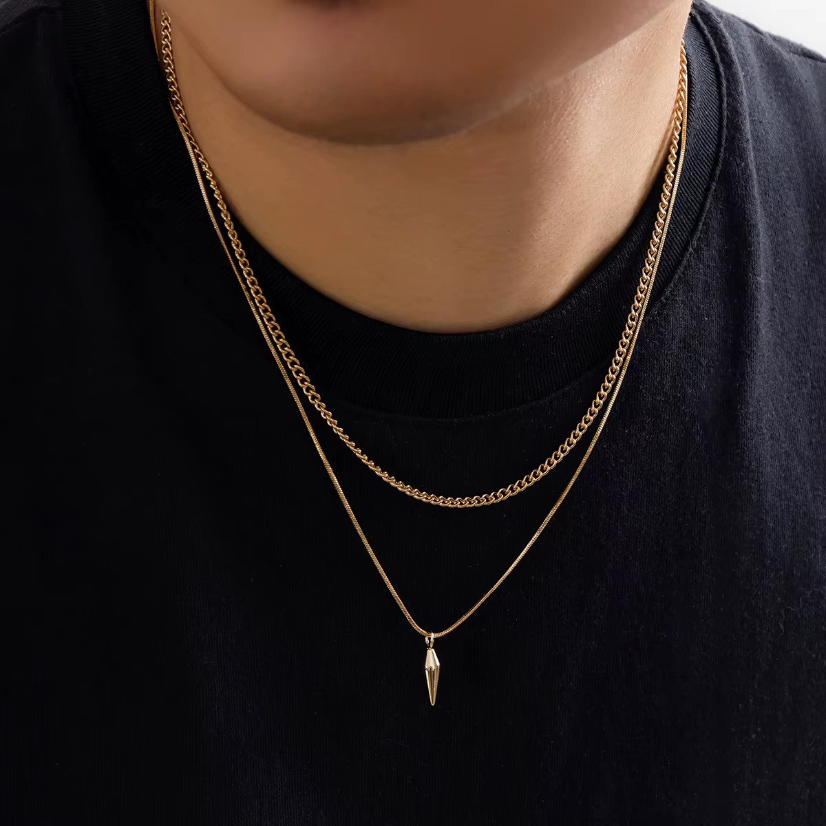 2Pcs/Set Stainless Steel Metal Rivet Pendant Thin Snake Chain Necklace for Men P