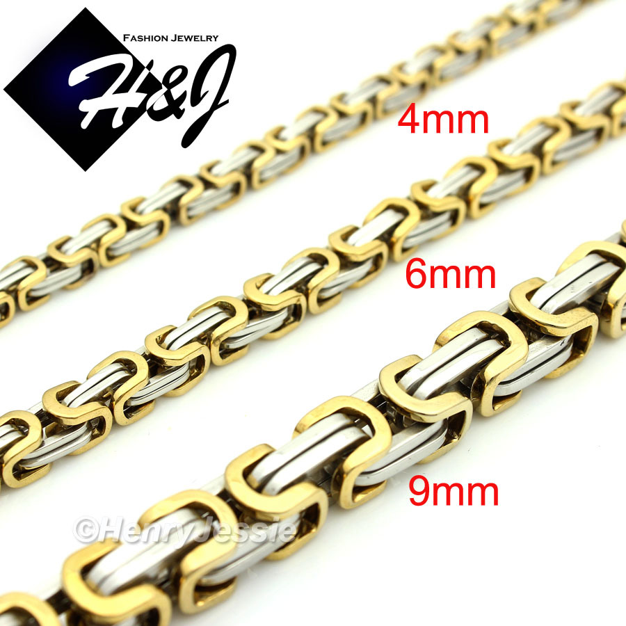 18-40″MEN’s Gold Plated Stainless Steel 4mm/6mm/9mm Byzantine Box Chain Necklace