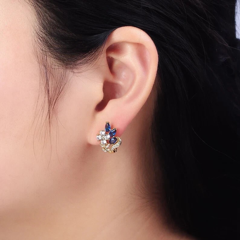 Flower Hoop Earrings 2Ct Pear Simulated Sapphire Women’s 14k Yellow Gold Plated