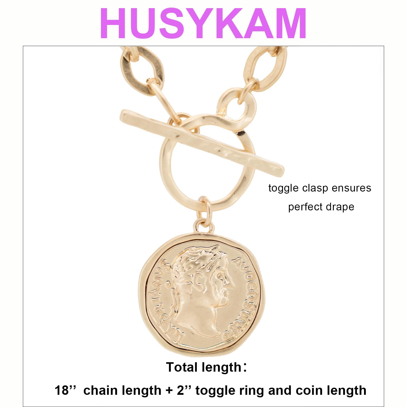 Husykam Chunky Roman Coin Antique Gold Plated Thick Link Chain 2Pcs Layered Set