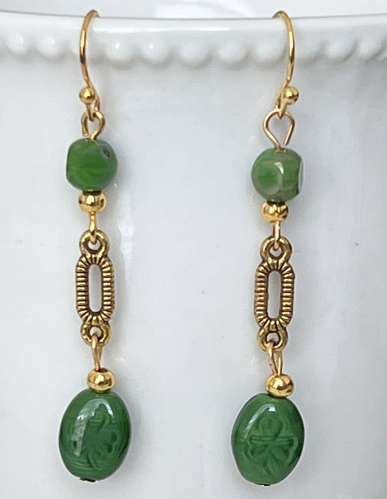 Gold with Green Clover Bead Earrings. Irish. Lucky. Shamrock