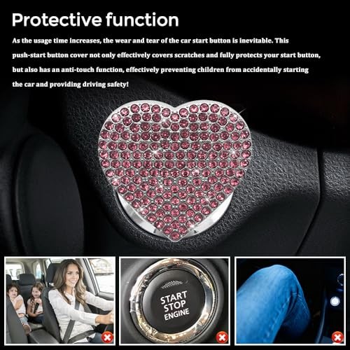 Bling Push Start Button Cover with Rhinestone, Heart Push to Start Button Pink