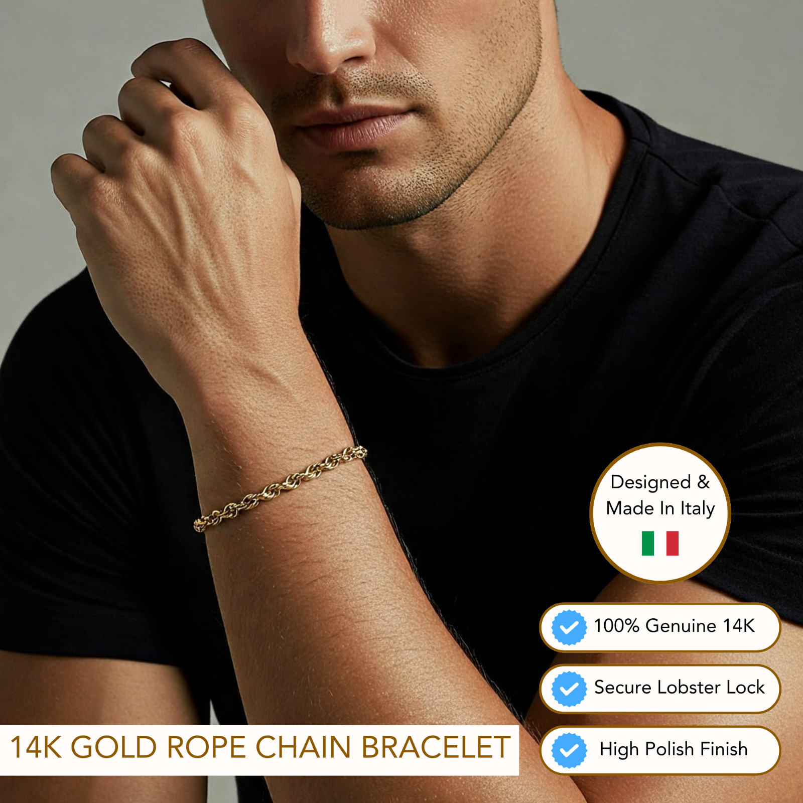 14K Real Solid Yellow Gold 2mm 3mm 4mm 5mm Rope Chain Italian Bracelet 7″ 7.5″