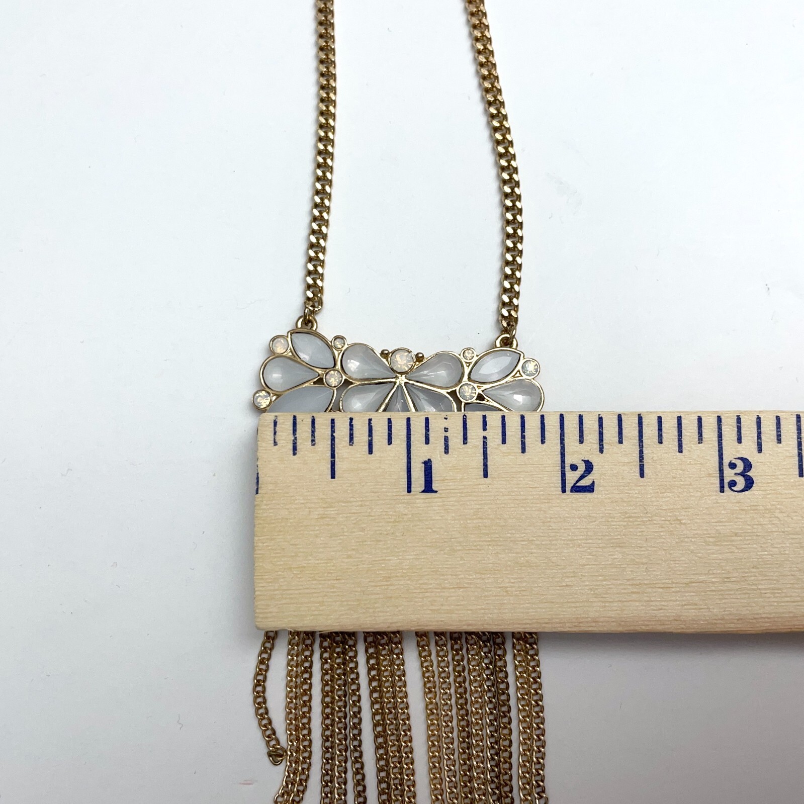 Gold Tone Long Pendant Necklace White Stones Chain Fringe Art Deco MCM