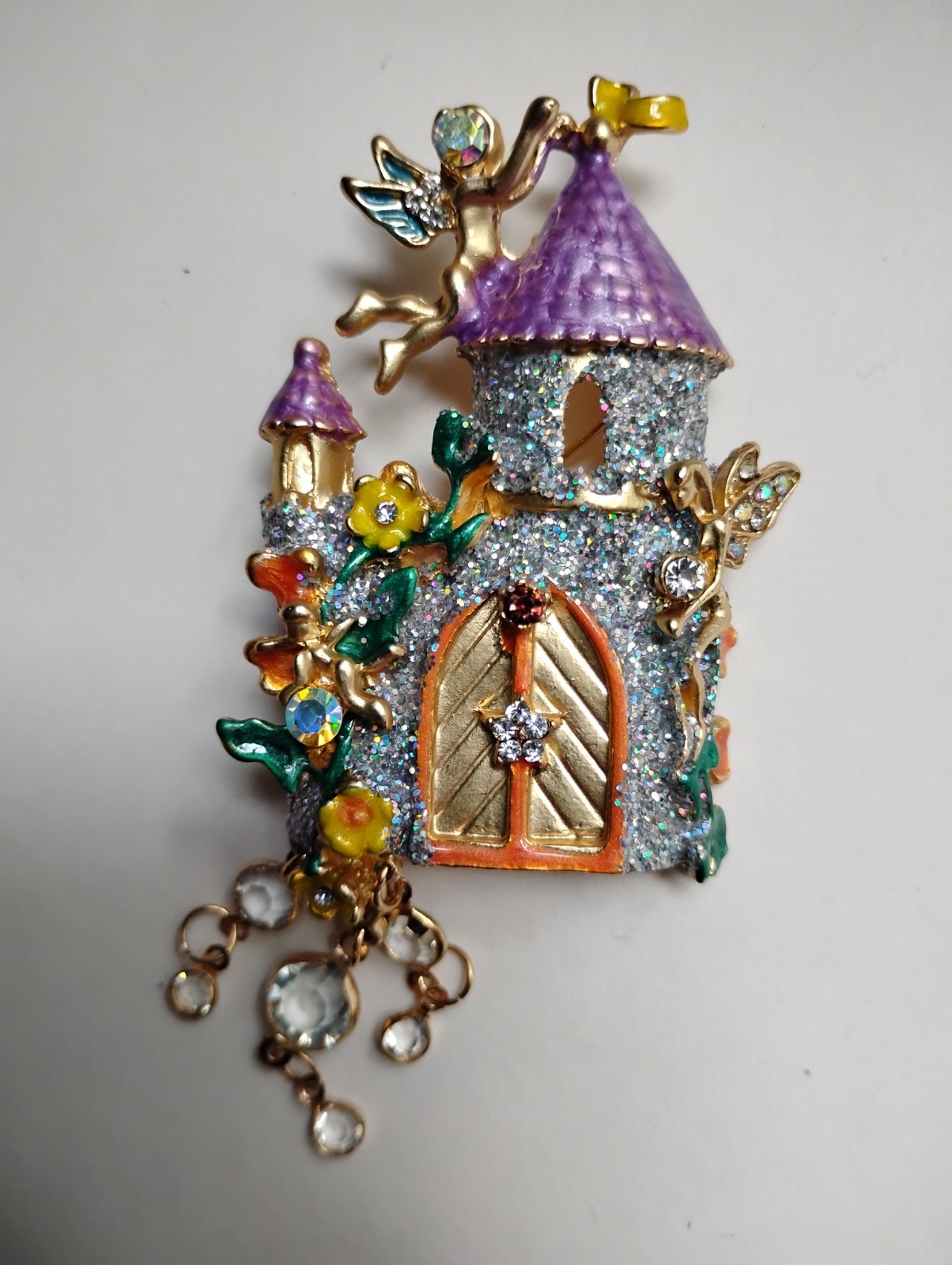Fairy Castle Brooch Pin Rhinestone Enamel Dangle Charm Kirk’s Folly Style Purple