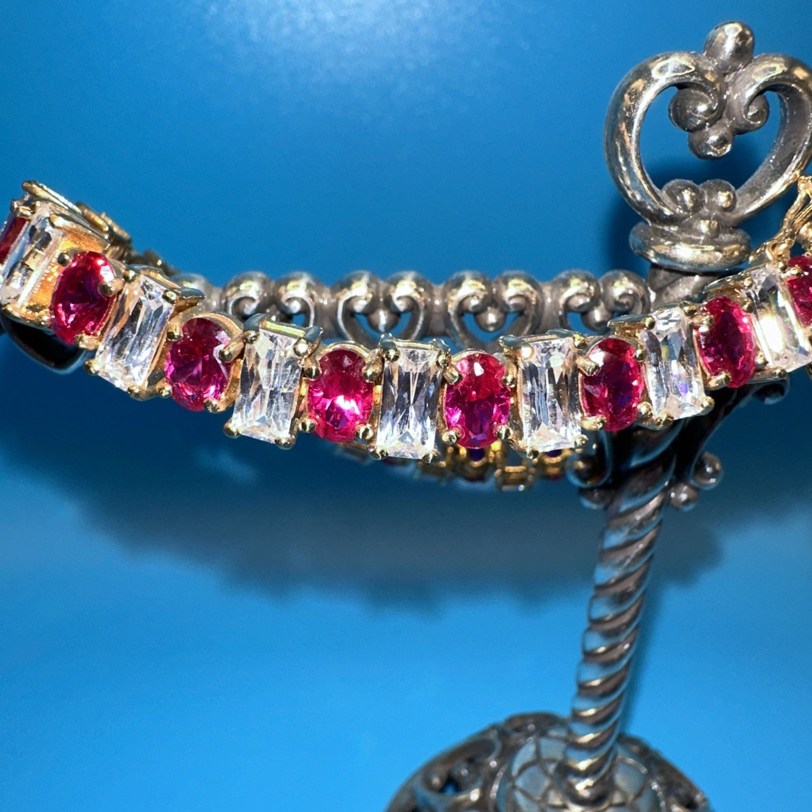 Vintage 925 Sterling Silver Ruby Pink & White CZ Gold Vermeil Bracelet 7.5″ long