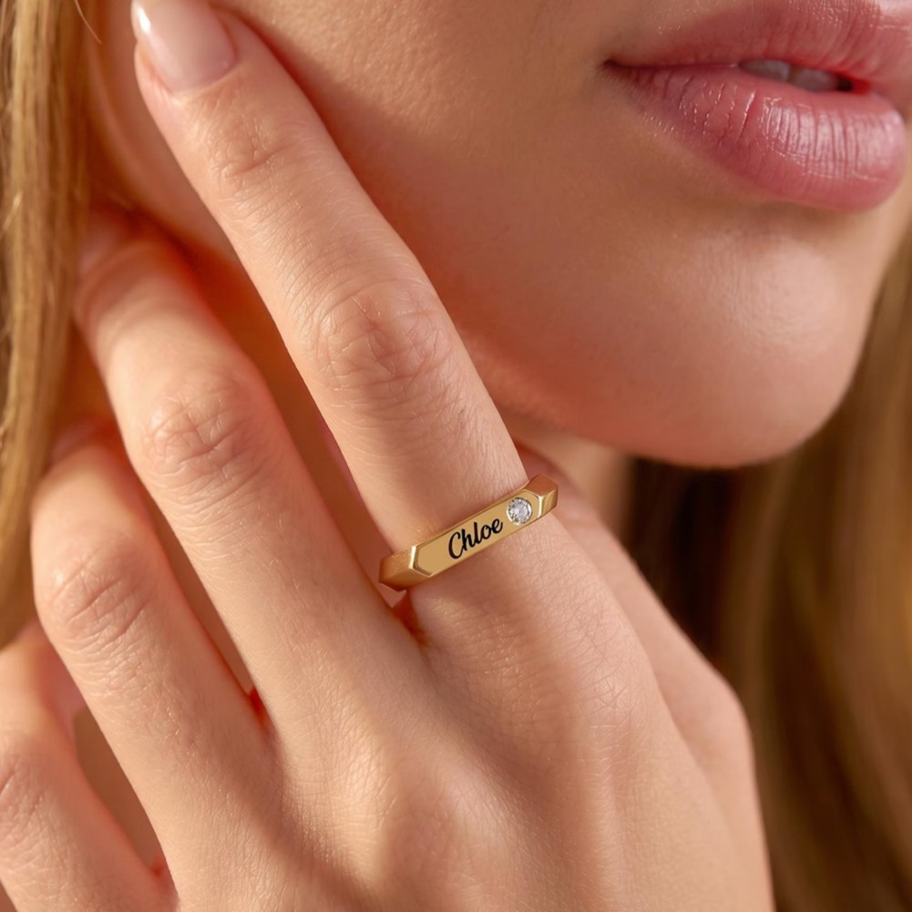 Personalized Birthstone Ring with Engraved Name Custom Dainty Ring for Women