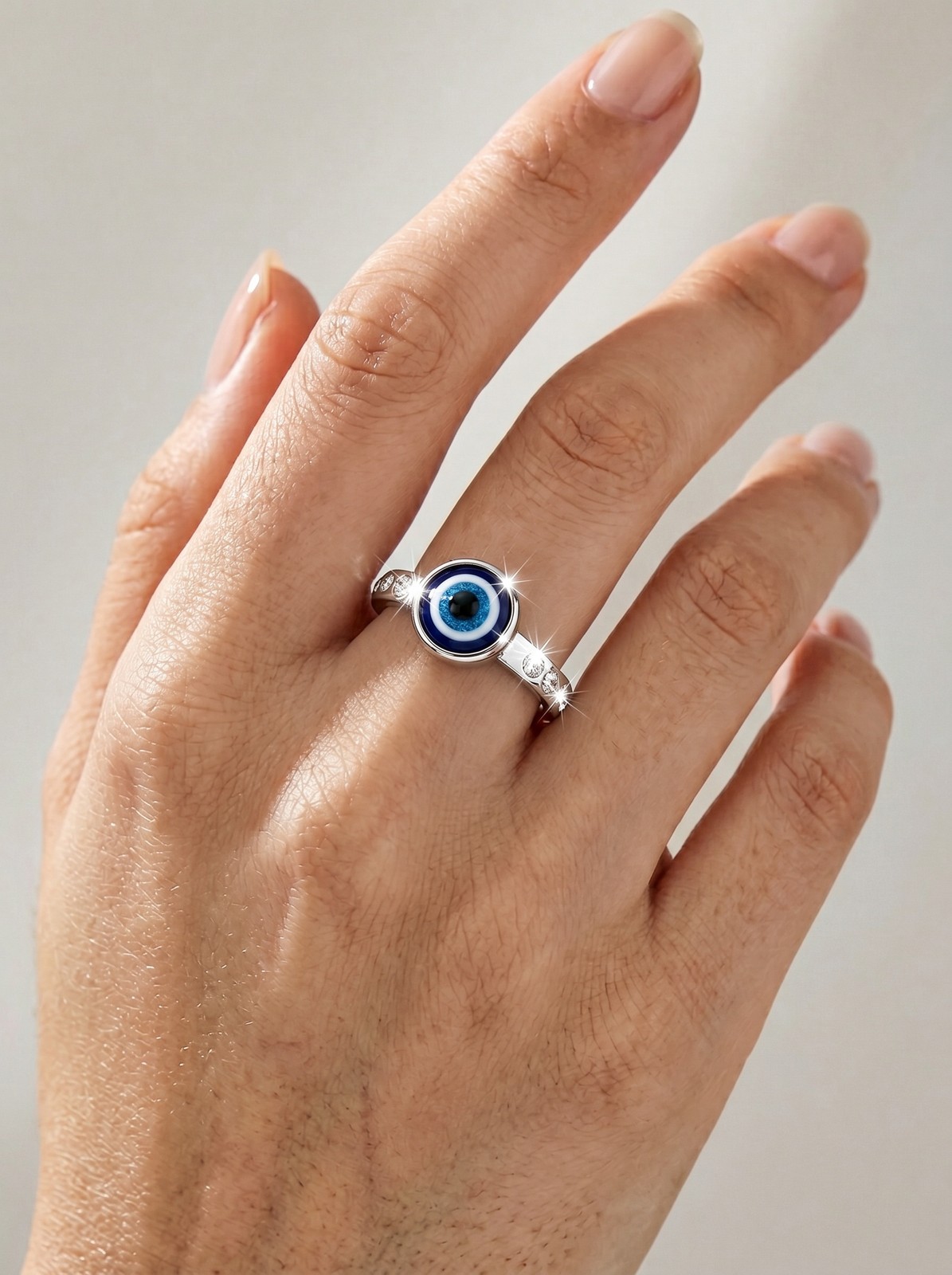Evil Eye Protection Ring – Silver-Tone Talisman Band with Blue Enamel & Crystals