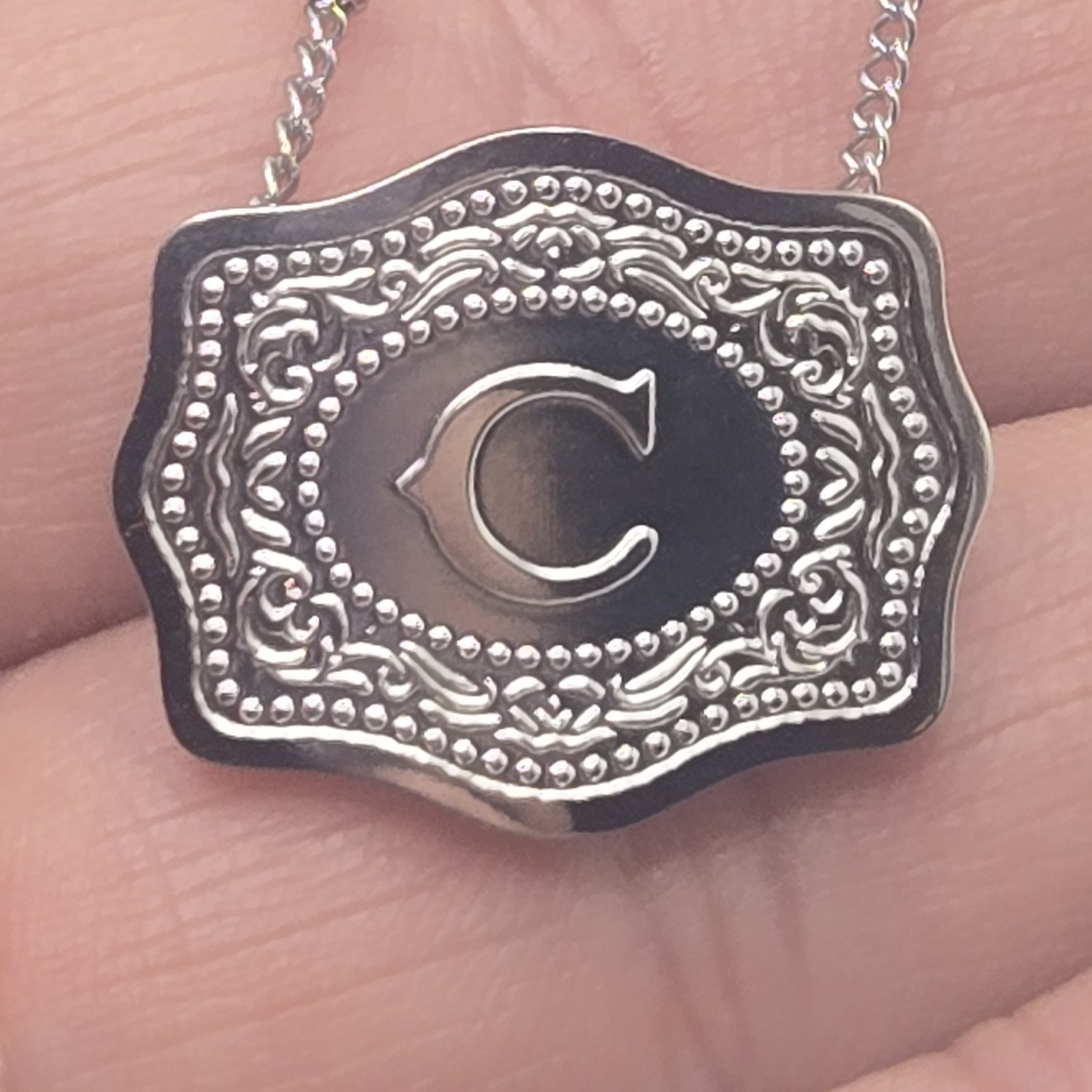 MINI BELT BUCKLE INITIAL LETTER C Pendant Charm STAINLESS STEEL CHAIN NECKLACE