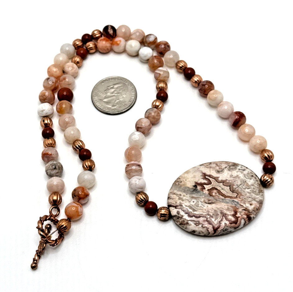 Artisan Pink Rosetta Jasper Necklace Beaded Moss Agate Stone Pendant Boho 23″