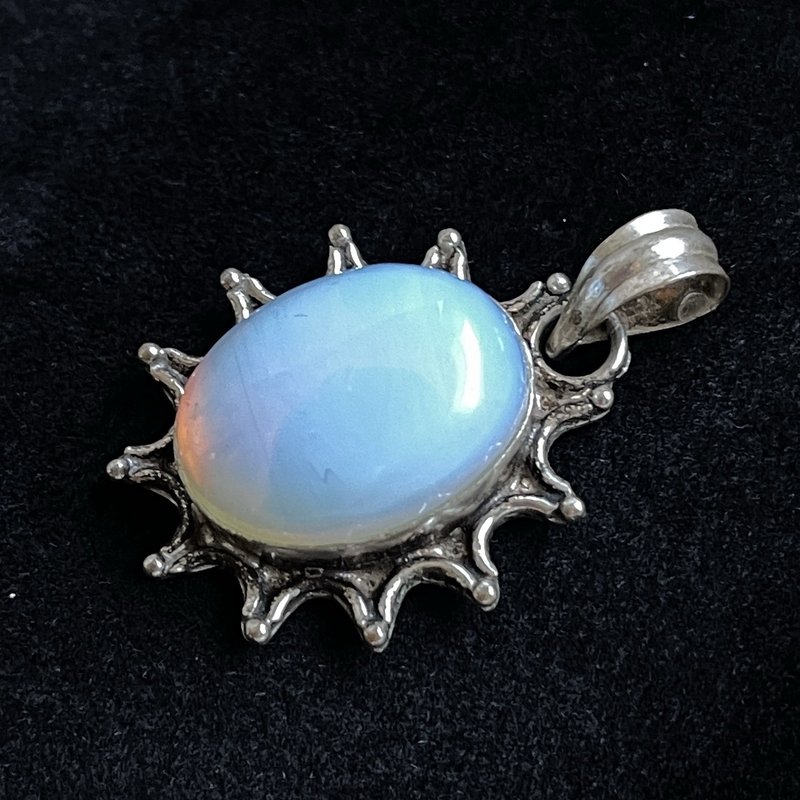 Sterling Silver Opalite Cabochon 925 Starburst Sun Pendant Boho 8.2g