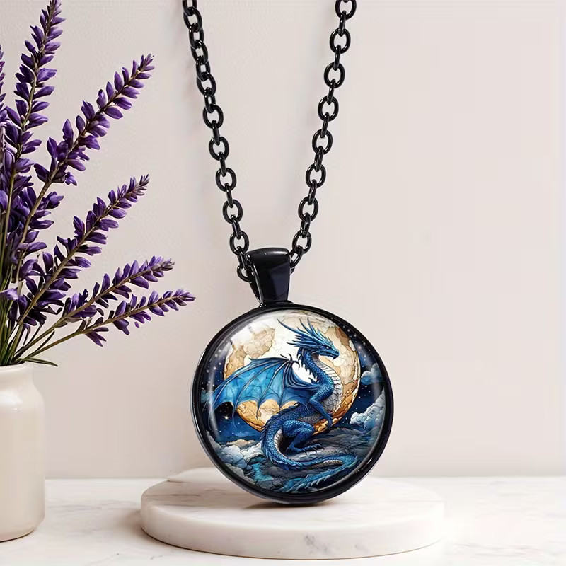Dragon Blue Round Necklace Jewelry Magical Gothic Pendant