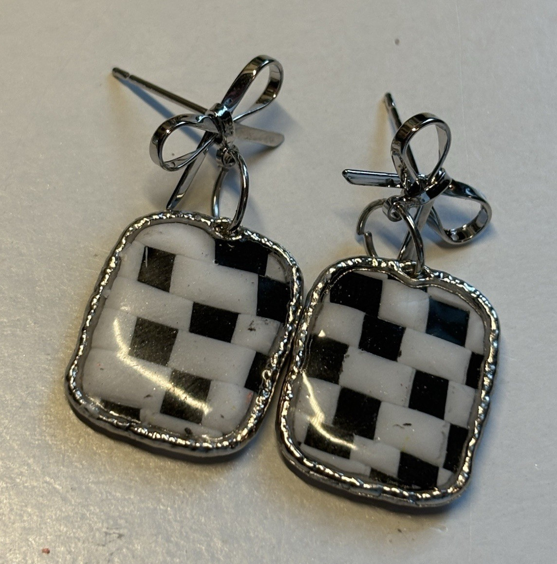 Black & White Checkered Square Silver Tone bow Earrings