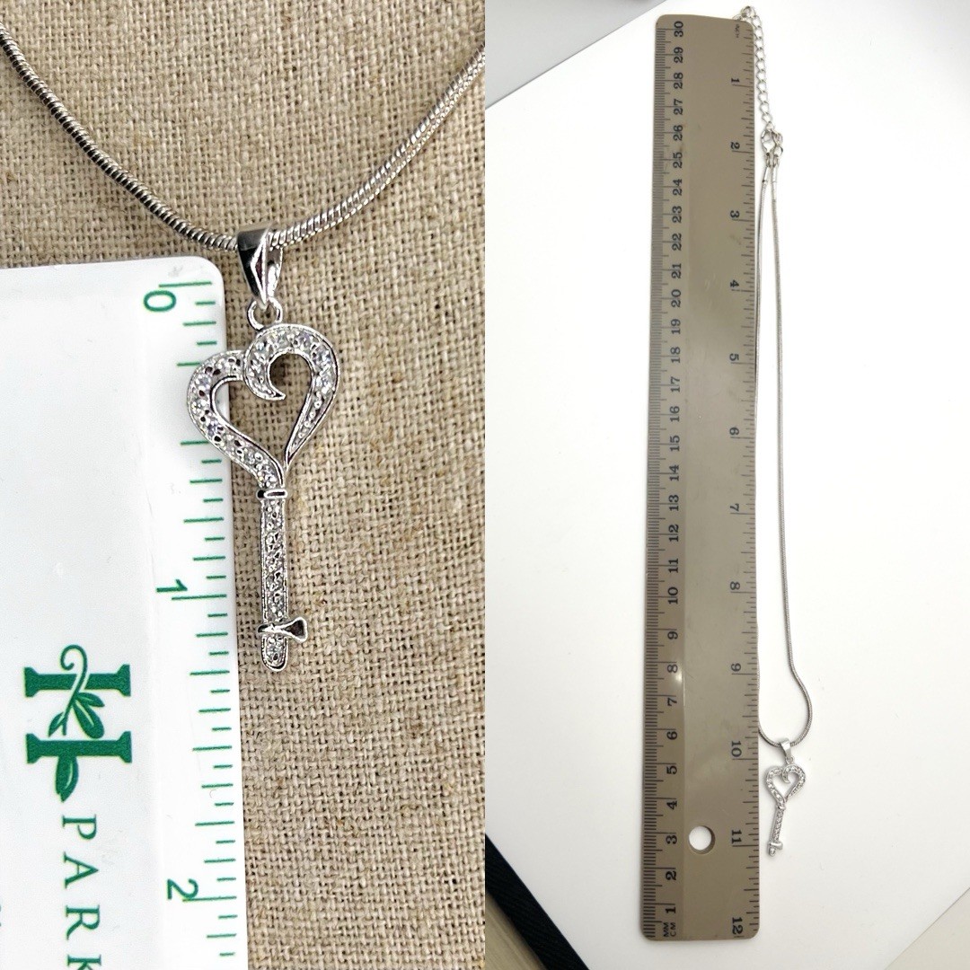 925 Sterling Silver Heart Key Pavé CZ w/Monet Silver Tone Snake Chain Necklace