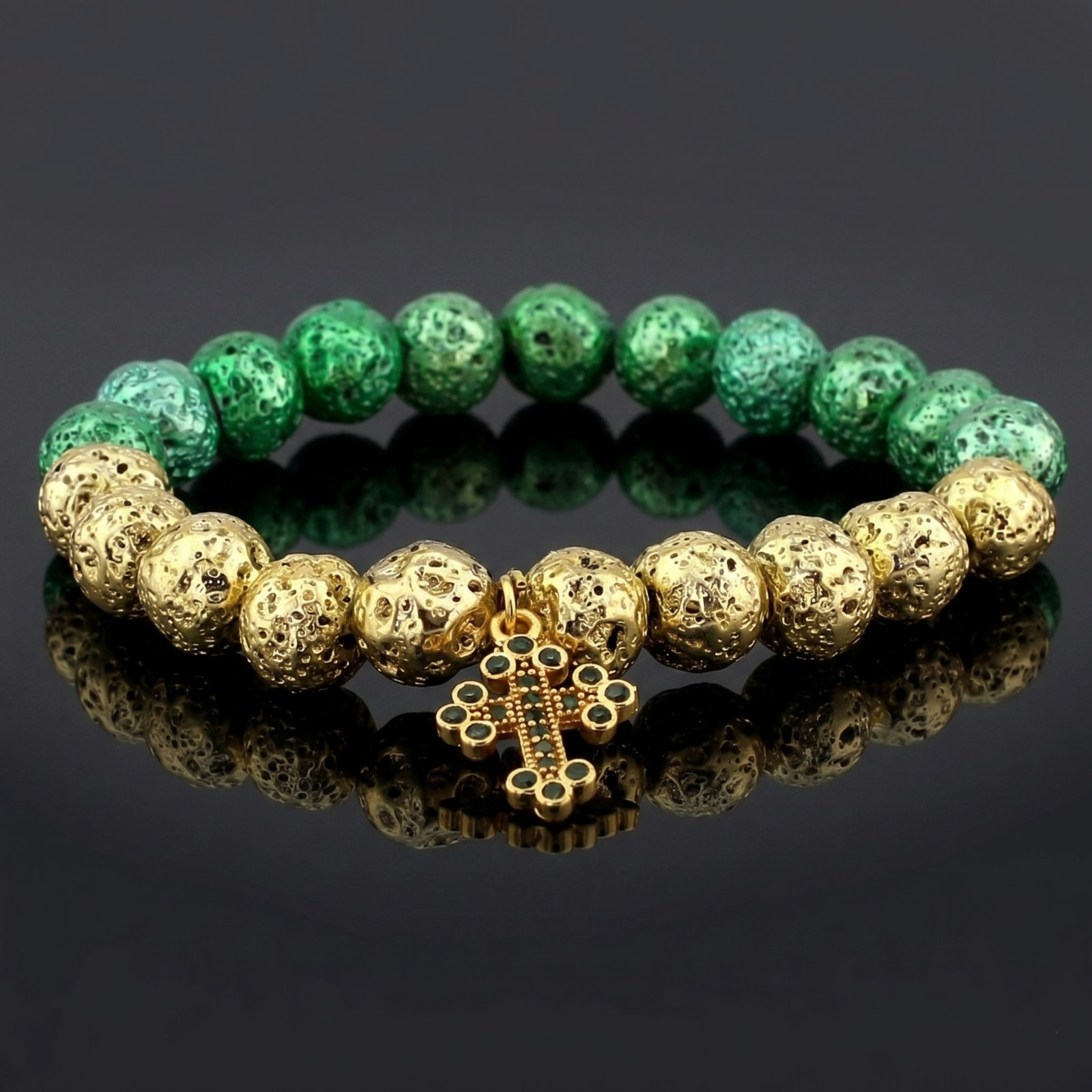 Natural Lava Stone Cross Charm Bracelet Women Stretch Bead Green Gold JX001