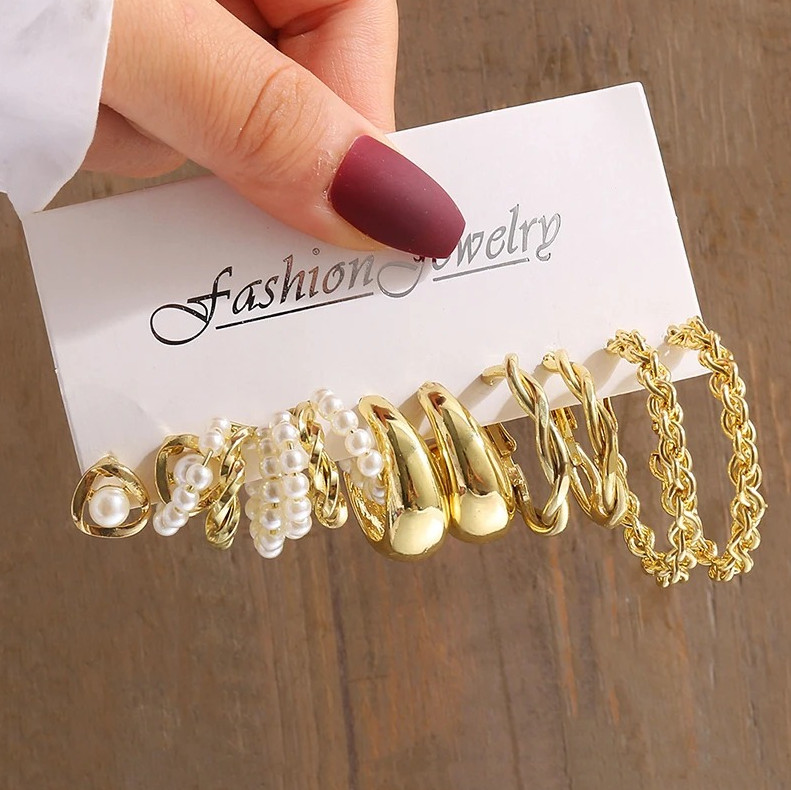 1set Gold Vintage Pearl Earrings Geometric Dangle Drop Earrings for Women – NEW