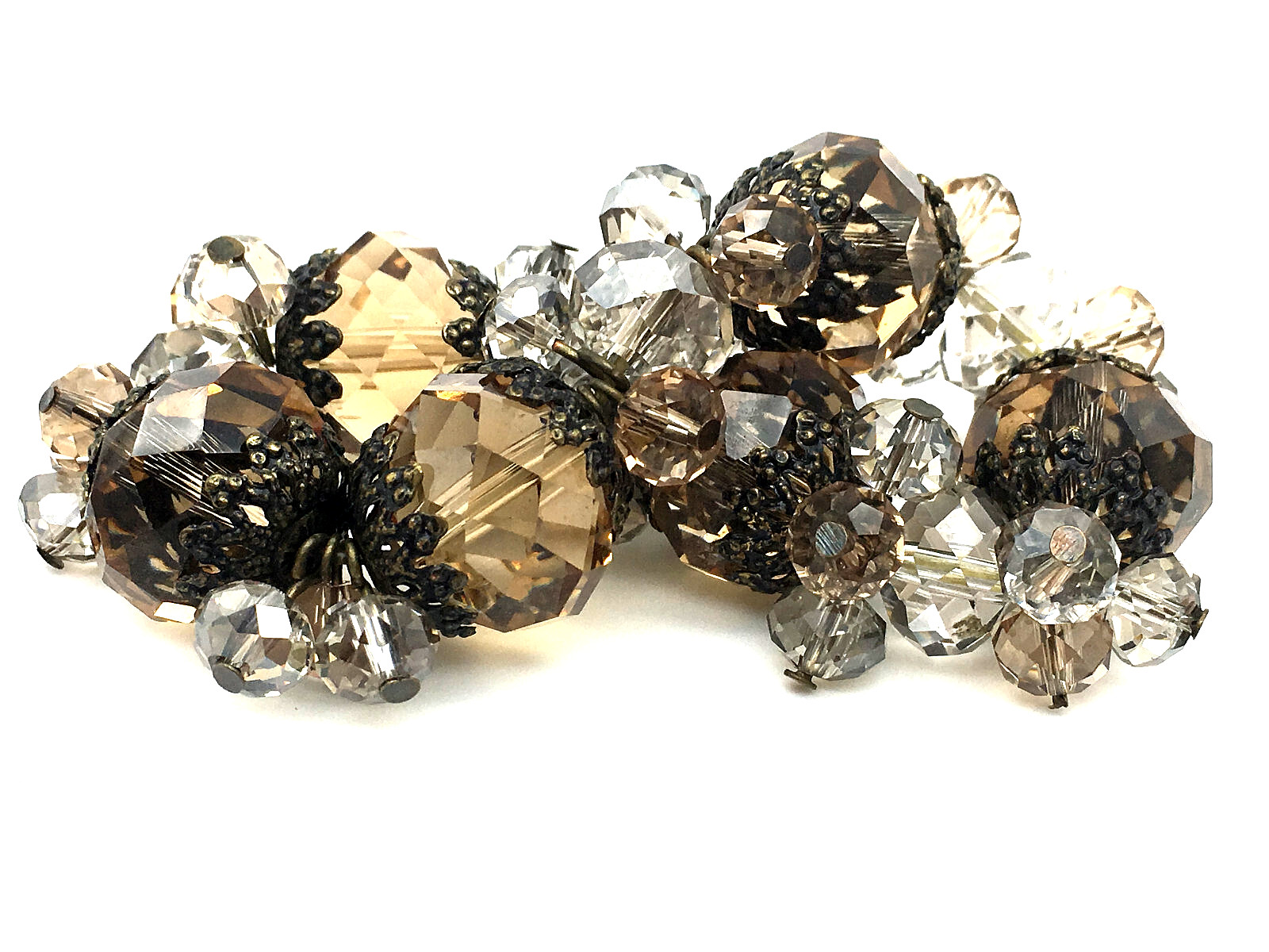 Large Smokey Quartz BronzeTone End Caps & Faceted Clear Crystal Stretch Bracelet