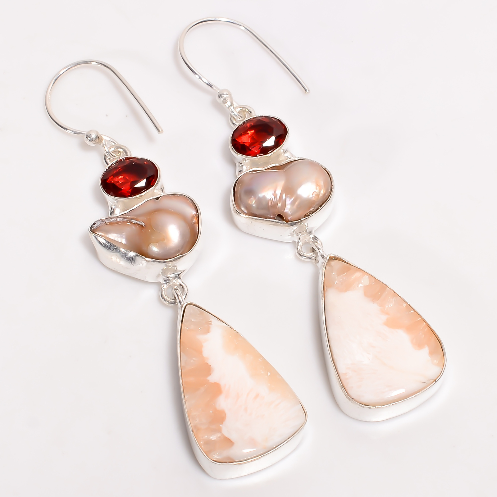 Natural Pink Scolecite Pearl Gemstone 925 Silver Handmade Earrings 2.6″ ARE-3972