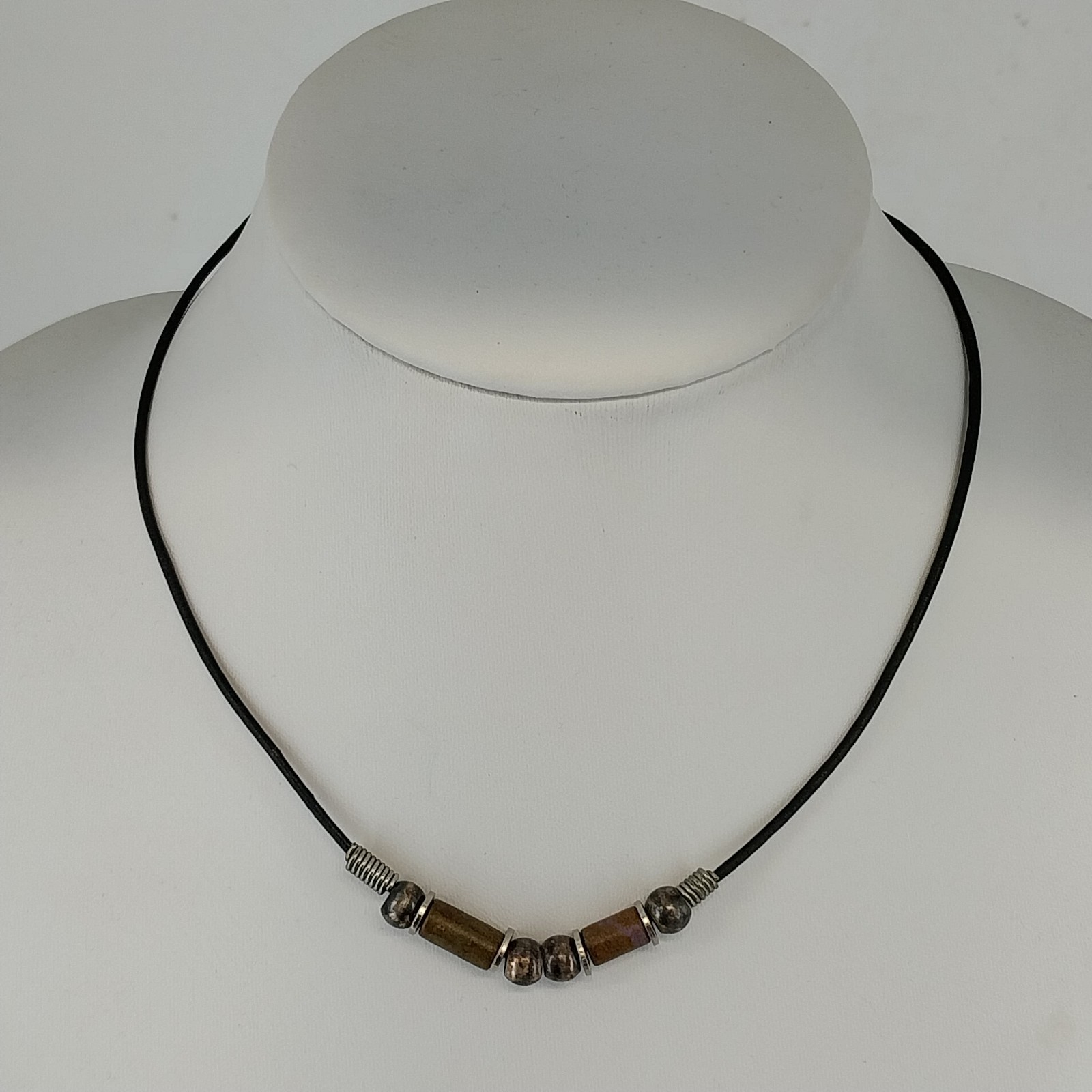 Liska Bali Black Leather Cord Necklace Wood Metal Beads Hook Clasp 17″ Bohemian