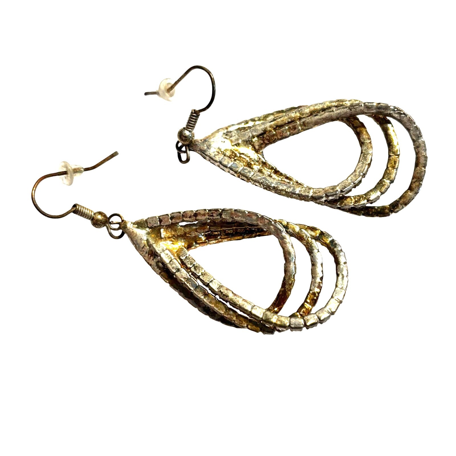 Dramatic pierced earrings silver & clear white rhinestone dimensional teardrops