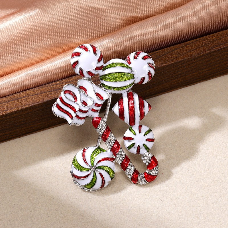 Christmas Candy Cane Bow Brooch Pin Colorful Rhinestone Holiday Gift Jewelry