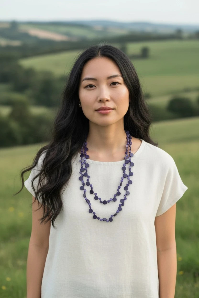 Coconut shell bead necklace long purple handmade fairtrade