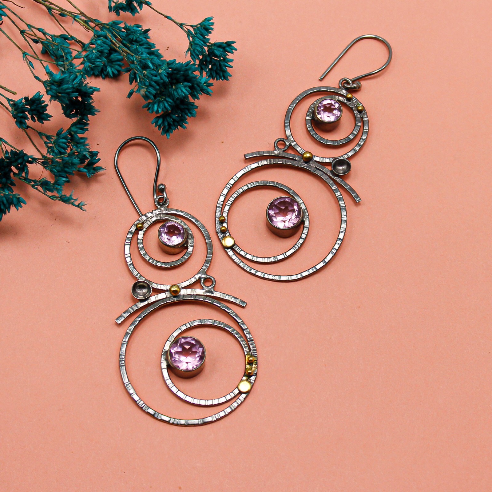 Morganite Drop/Dangle Earrings Handcrafted Black Ruthenium Ethnic Gift 2.86″
