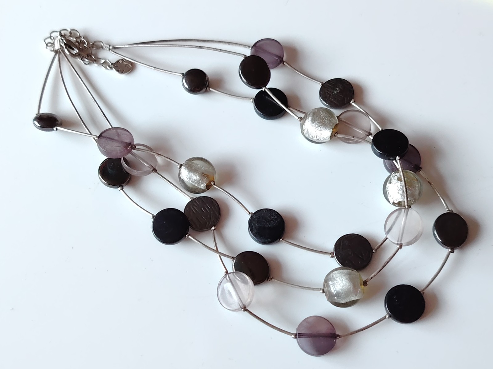 Ikita Silver Tone Foil glass Disc Bead Necklace Layering Metal Tube Multi Strand