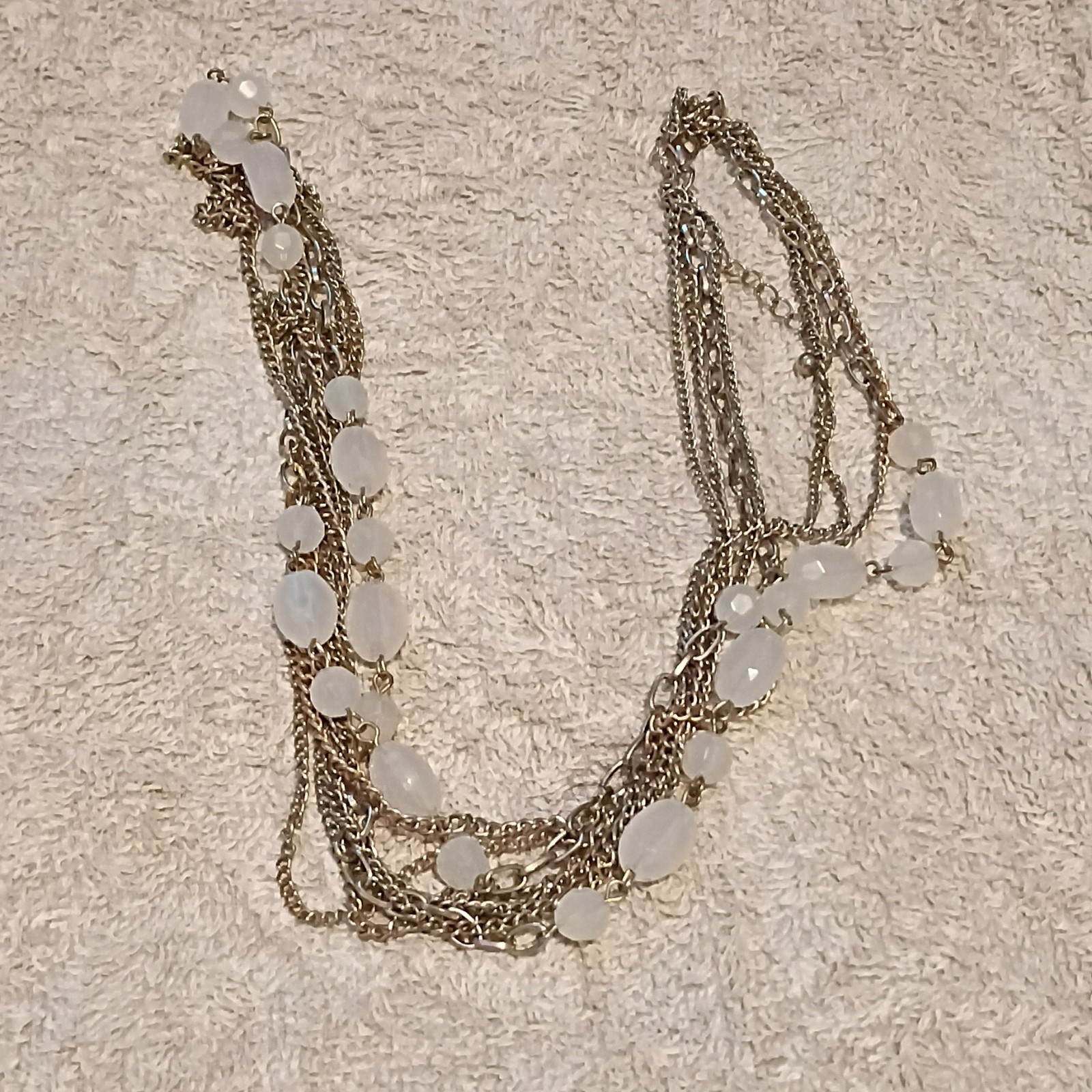 Gold Tone Multi-Strand Cable Chain Necklace with White Round Beads